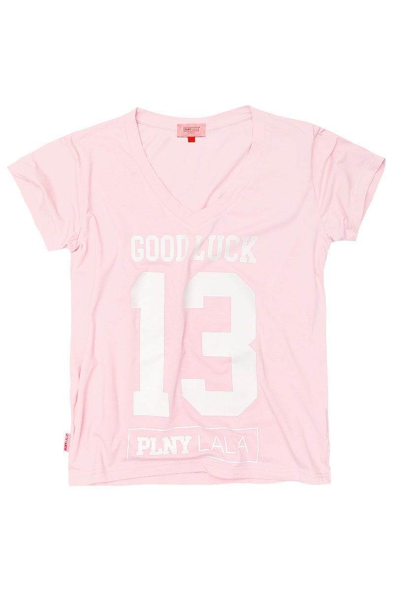 Good Luck 13 V-Neck Pink Tee